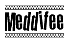 The image contains the text Meddifee in a bold, stylized font, with a checkered flag pattern bordering the top and bottom of the text.
