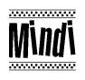 The clipart image displays the text Mindi in a bold, stylized font. It is enclosed in a rectangular border with a checkerboard pattern running below and above the text, similar to a finish line in racing. 