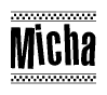 The clipart image displays the text Micha in a bold, stylized font. It is enclosed in a rectangular border with a checkerboard pattern running below and above the text, similar to a finish line in racing. 