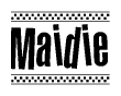 The image contains the text Maidie in a bold, stylized font, with a checkered flag pattern bordering the top and bottom of the text.