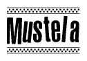 The image contains the text Mustela in a bold, stylized font, with a checkered flag pattern bordering the top and bottom of the text.