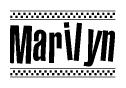 The image is a black and white clipart of the text Marilyn in a bold, italicized font. The text is bordered by a dotted line on the top and bottom, and there are checkered flags positioned at both ends of the text, usually associated with racing or finishing lines.