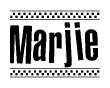 The image contains the text Marjie in a bold, stylized font, with a checkered flag pattern bordering the top and bottom of the text.