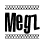 The image is a black and white clipart of the text Megz in a bold, italicized font. The text is bordered by a dotted line on the top and bottom, and there are checkered flags positioned at both ends of the text, usually associated with racing or finishing lines.