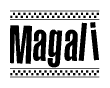 The image contains the text Magali in a bold, stylized font, with a checkered flag pattern bordering the top and bottom of the text.