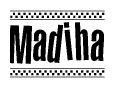 The clipart image displays the text Madiha in a bold, stylized font. It is enclosed in a rectangular border with a checkerboard pattern running below and above the text, similar to a finish line in racing. 