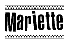 The image is a black and white clipart of the text Mariette in a bold, italicized font. The text is bordered by a dotted line on the top and bottom, and there are checkered flags positioned at both ends of the text, usually associated with racing or finishing lines.