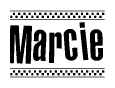 The clipart image displays the text Marcie in a bold, stylized font. It is enclosed in a rectangular border with a checkerboard pattern running below and above the text, similar to a finish line in racing. 
