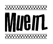 The clipart image displays the text Muenz in a bold, stylized font. It is enclosed in a rectangular border with a checkerboard pattern running below and above the text, similar to a finish line in racing. 