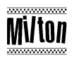The image is a black and white clipart of the text Milton in a bold, italicized font. The text is bordered by a dotted line on the top and bottom, and there are checkered flags positioned at both ends of the text, usually associated with racing or finishing lines.