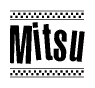 The image is a black and white clipart of the text Mitsu in a bold, italicized font. The text is bordered by a dotted line on the top and bottom, and there are checkered flags positioned at both ends of the text, usually associated with racing or finishing lines.