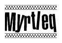 The image contains the text Myrtleq in a bold, stylized font, with a checkered flag pattern bordering the top and bottom of the text.