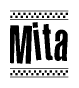 The image contains the text Mita in a bold, stylized font, with a checkered flag pattern bordering the top and bottom of the text.