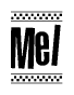 The image contains the text Mel in a bold, stylized font, with a checkered flag pattern bordering the top and bottom of the text.