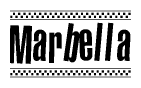 The image contains the text Marbella in a bold, stylized font, with a checkered flag pattern bordering the top and bottom of the text.