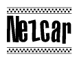 The image contains the text Nezcar in a bold, stylized font, with a checkered flag pattern bordering the top and bottom of the text.