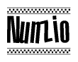 The image is a black and white clipart of the text Nunzio in a bold, italicized font. The text is bordered by a dotted line on the top and bottom, and there are checkered flags positioned at both ends of the text, usually associated with racing or finishing lines.