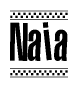 The image contains the text Naia in a bold, stylized font, with a checkered flag pattern bordering the top and bottom of the text.