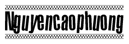 The image is a black and white clipart of the text Nguyencaophuong in a bold, italicized font. The text is bordered by a dotted line on the top and bottom, and there are checkered flags positioned at both ends of the text, usually associated with racing or finishing lines.