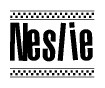 The image contains the text Neslie in a bold, stylized font, with a checkered flag pattern bordering the top and bottom of the text.