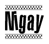 The image is a black and white clipart of the text Nigay in a bold, italicized font. The text is bordered by a dotted line on the top and bottom, and there are checkered flags positioned at both ends of the text, usually associated with racing or finishing lines.