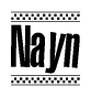 The image is a black and white clipart of the text Nayn in a bold, italicized font. The text is bordered by a dotted line on the top and bottom, and there are checkered flags positioned at both ends of the text, usually associated with racing or finishing lines.