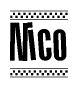 The image contains the text Nico in a bold, stylized font, with a checkered flag pattern bordering the top and bottom of the text.
