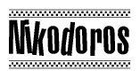   The clipart image displays the text Nikodoros in a bold, stylized font. It is enclosed in a rectangular border with a checkerboard pattern running below and above the text, similar to a finish line in racing.  