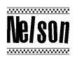 The clipart image displays the text Nelson in a bold, stylized font. It is enclosed in a rectangular border with a checkerboard pattern running below and above the text, similar to a finish line in racing. 