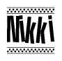 The clipart image displays the text Nikki in a bold, stylized font. It is enclosed in a rectangular border with a checkerboard pattern running below and above the text, similar to a finish line in racing. 
