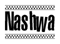 The clipart image displays the text Nashwa in a bold, stylized font. It is enclosed in a rectangular border with a checkerboard pattern running below and above the text, similar to a finish line in racing. 
