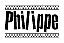 The image is a black and white clipart of the text Philippe in a bold, italicized font. The text is bordered by a dotted line on the top and bottom, and there are checkered flags positioned at both ends of the text, usually associated with racing or finishing lines.
