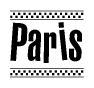 The image contains the text Paris in a bold, stylized font, with a checkered flag pattern bordering the top and bottom of the text.