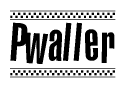 The image contains the text Pwaller in a bold, stylized font, with a checkered flag pattern bordering the top and bottom of the text.