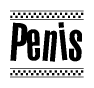 The image is a black and white clipart of the text Penis in a bold, italicized font. The text is bordered by a dotted line on the top and bottom, and there are checkered flags positioned at both ends of the text, usually associated with racing or finishing lines.