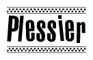 The clipart image displays the text Plessier in a bold, stylized font. It is enclosed in a rectangular border with a checkerboard pattern running below and above the text, similar to a finish line in racing. 