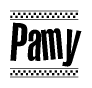 The clipart image displays the text Pamy in a bold, stylized font. It is enclosed in a rectangular border with a checkerboard pattern running below and above the text, similar to a finish line in racing. 