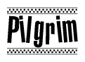 The image contains the text Pilgrim in a bold, stylized font, with a checkered flag pattern bordering the top and bottom of the text.