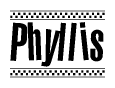 The clipart image displays the text Phyllis in a bold, stylized font. It is enclosed in a rectangular border with a checkerboard pattern running below and above the text, similar to a finish line in racing. 