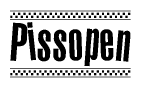 The image contains the text Pissopen in a bold, stylized font, with a checkered flag pattern bordering the top and bottom of the text.