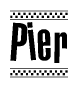 The image is a black and white clipart of the text Pier in a bold, italicized font. The text is bordered by a dotted line on the top and bottom, and there are checkered flags positioned at both ends of the text, usually associated with racing or finishing lines.