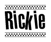 The image is a black and white clipart of the text Rickie in a bold, italicized font. The text is bordered by a dotted line on the top and bottom, and there are checkered flags positioned at both ends of the text, usually associated with racing or finishing lines.