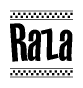 The image contains the text Raza in a bold, stylized font, with a checkered flag pattern bordering the top and bottom of the text.