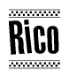 The clipart image displays the text Rico in a bold, stylized font. It is enclosed in a rectangular border with a checkerboard pattern running below and above the text, similar to a finish line in racing. 