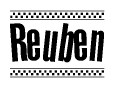 The image contains the text Reuben in a bold, stylized font, with a checkered flag pattern bordering the top and bottom of the text.