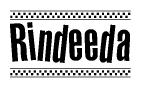   The image contains the text Rindeeda in a bold, stylized font, with a checkered flag pattern bordering the top and bottom of the text. 
