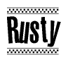 The clipart image displays the text Rusty in a bold, stylized font. It is enclosed in a rectangular border with a checkerboard pattern running below and above the text, similar to a finish line in racing. 