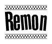 The image contains the text Remon in a bold, stylized font, with a checkered flag pattern bordering the top and bottom of the text.