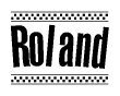 The image contains the text Roland in a bold, stylized font, with a checkered flag pattern bordering the top and bottom of the text.