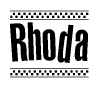 The clipart image displays the text Rhoda in a bold, stylized font. It is enclosed in a rectangular border with a checkerboard pattern running below and above the text, similar to a finish line in racing. 